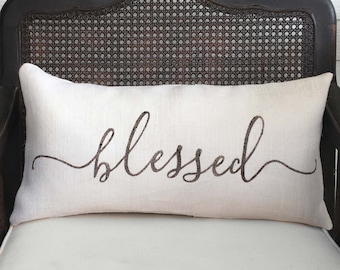 Blessed   - Burlap Pillow Feed sack  - Blessed Pillow Lumbar - Easter Decor - Typography Pillow