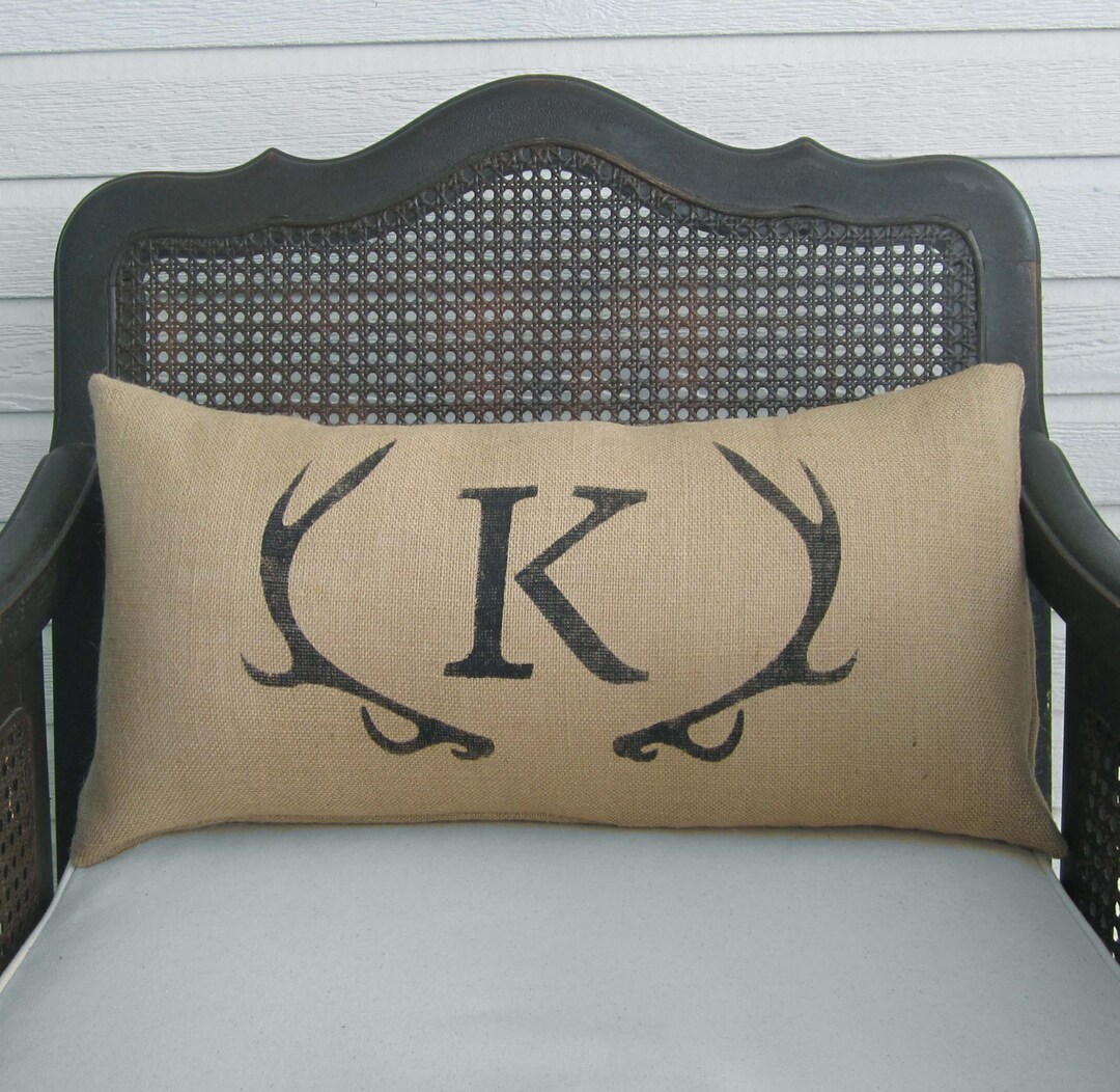Deer Antler Monogram Pillow Lumbar Pillow Burlap Pillow Antler Decor Burlap Monogram Pillow