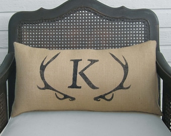 Deer Antler Monogram Pillow - Lumbar Pillow  - Burlap Pillow - Antler Decor - Burlap Monogram Pillow -  Personalized  - Letter Pillow