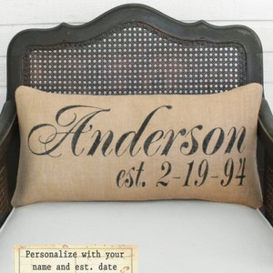 Personalized Name and Est Date Pillow Burlap Pillow Lumbar Style Name Pillow Date Pillow image 1