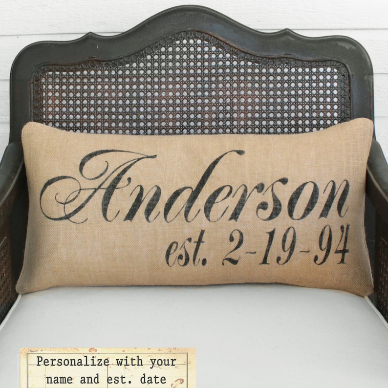 Personalized Name and Est Date Pillow   Burlap Pillow Lumbar image 1