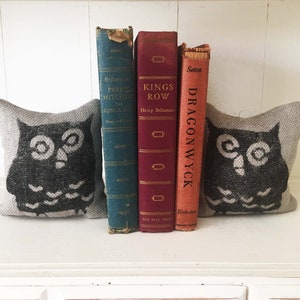 Owl Petit Burlap Feed Sack Pillow Pair Unique paper weight, bookends, pin cushion, etc Owl Bookends image 2