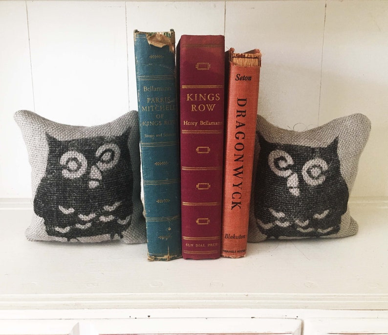 Owl Petit Burlap Feed Sack Pillow Pair Unique paper weight, bookends, pin cushion, etc Owl Bookends image 2