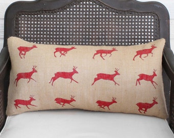 Running Deer Zoopraxography Study - Burlap Pillow - Deer Pilllow in Lumbar Style  -  Christmas deer - Christmas Pillow