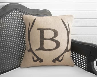 Deer Antler Monogram Pillow  - Burlap Pillow - Antler Decor - Burlap Monogram Pillow - Fall Decor - Personalized