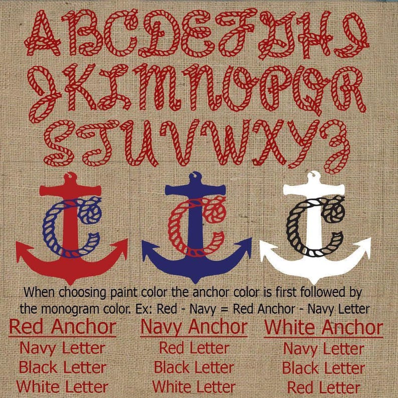 Nautical Anchor Monogram Pillow - Burlap Pillow - Nautical Decor - Monogram Pillow - Nautical Monogram - Personalized - Red, Navy, White image 2
