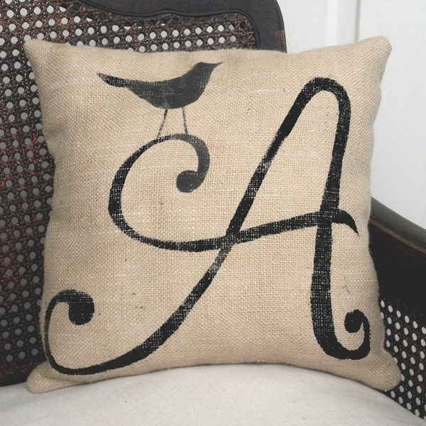 Bird  Letter Custom Monogram  - Burlap Feed Sack Pillow