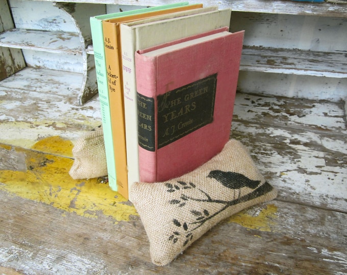 Bird on a Branch - Petit Feed Sack Pillow Pair - Unique paper weight, bookends, pin cushion, etc