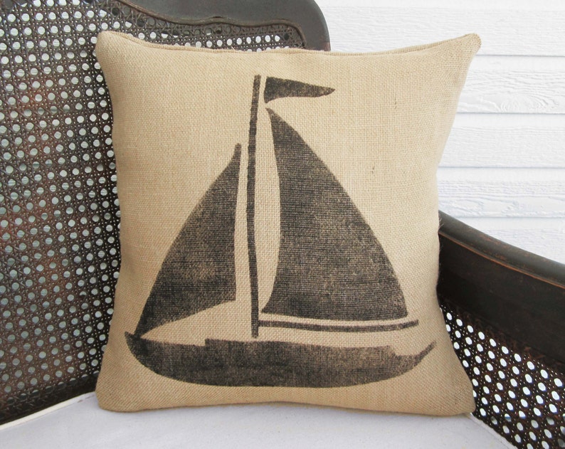 Sail Away Sailboat Burlap Pillow Nautical Pillow Etsy