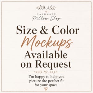 The image is a promotional poster for a handmade pillow shop, featuring text that provides information about the shop's offerings, such as size and color mockups available on request.