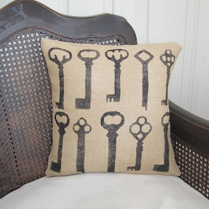 Keys - Burlap  Pillow - Feed Sack Chic - Skeleton Key Pillow - Key Burlap Pillow - Skeleton Key Decor