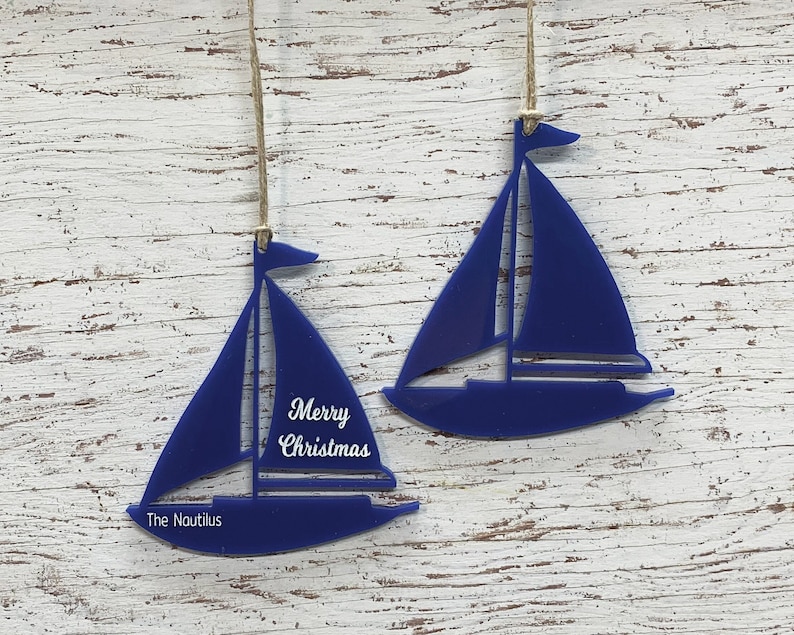 Sailboat Christmas Ornament Personalized Engraving Laser Cut from Wood or Acrylic Nautical Christmas Ornaments Gift for Sailor image 1