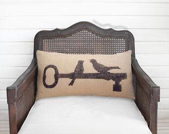 Love Birds Perched on Key  - Burlap Pillow - Lumbar Pillow -  Bird Pillow - Skeleton Key Decor