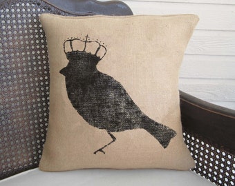 Bird with Crown - Burlap Pillow - Bird Pillow