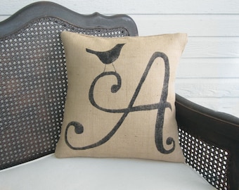 Bird Monogram Burlap Pillow – Custom Initial Letter Pillow
