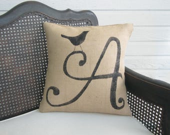 Bird Monogram Burlap Pillow – Custom Initial Letter Pillow