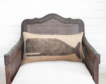 Cachalot Whale  - Burlap Pillow - Nautical Decor Whale Pillow
