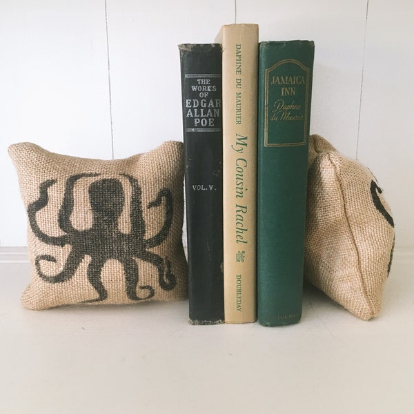 Octopus Bookends  - Burlap Petit Feed Sack Pillow Pair - Octopus Silhouette