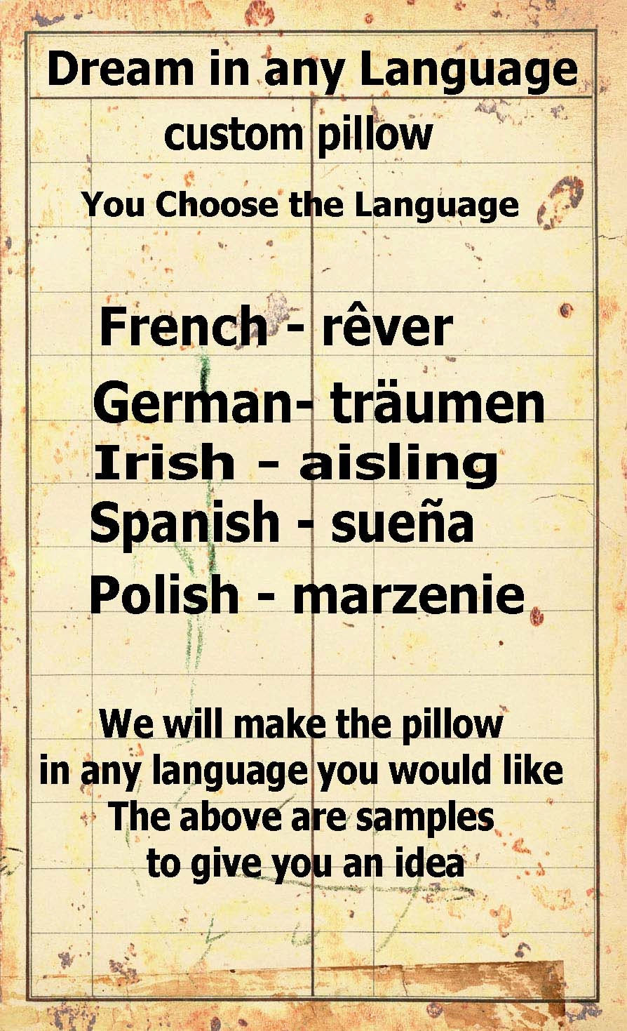 French Rever Dream in Any Language - Burlap Pillow - Personalize Dream With the ...