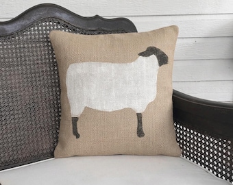 Suffolk Sheep - Burlap Pillow - Sheep Pillow - Sheep Decor - Black Faced Sheep - Wooly Lamb - Primitive Sheep