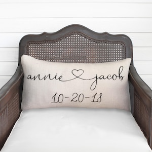 Hearts Together Cursive Script -  Burlap Pillow -  Personalize with you and your sweetie&#39;s name and special date - Decor Valentine Pillow