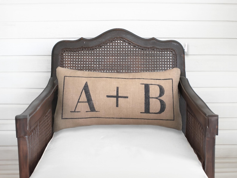 Classic Love Letters - Burlap Pillow - Initial Pillow - Letter Pillow - Plus sign pillow - Monogram pillow - engagement pillow wedding image 1