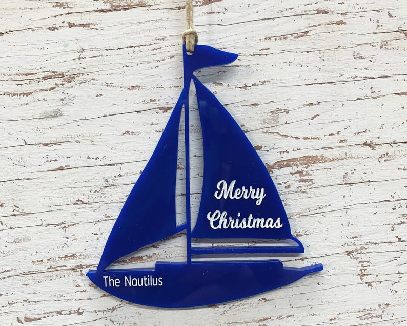 Sailboat Christmas Ornament Personalized Engraving Laser Cut from Wood or Acrylic Nautical Christmas Ornaments Gift for Sailor image 3