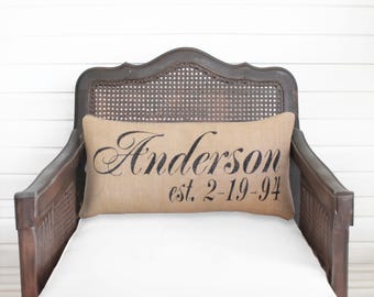 Personalized Name and Est Date Pillow -  Burlap Pillow Lumbar Style - Name Pillow - Date Pillow