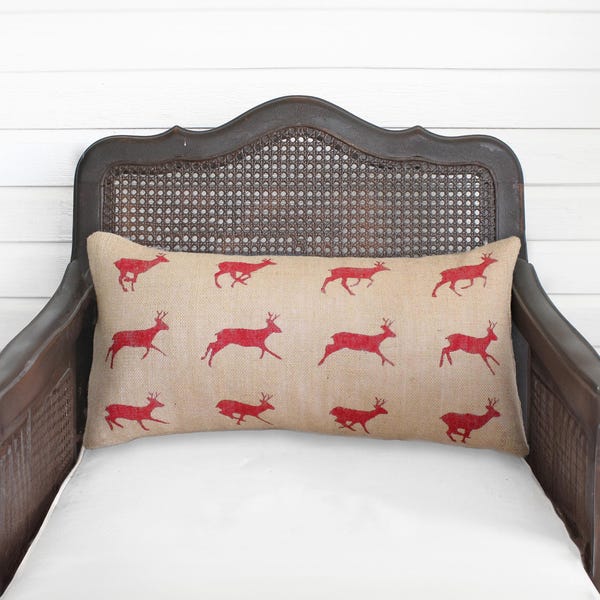 Running Deer Zoopraxography Study - Burlap Pillow - Deer Pilllow in Lumbar Style  -  Christmas deer - Christmas Pillow