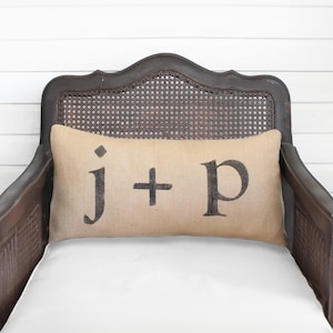 Love Letters - Burlap Pillow -  Feedsack Style - Personalize with you and your sweetie's initial - Custom Monogram Pillow