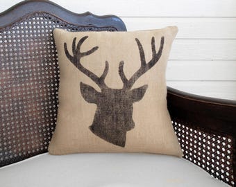 Woodland Deer  - Burlap  Pillow - Stag Head Pillow  -  Deer Head Pillow - Antler Pillow - Deer Pillow - Fall Pillow