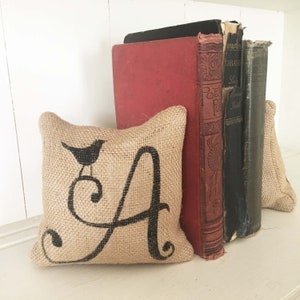 Bird Monogram Letter bookends Petit Burlap Feed Sack Pillow Pair Unique paper weight, bookends, pin cushion, etc image 3