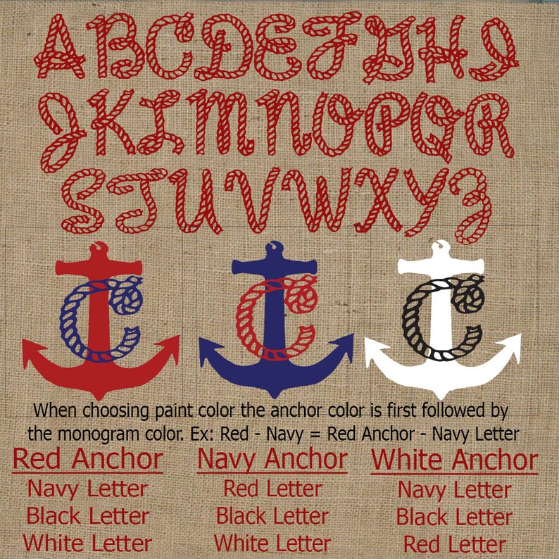 Nautical Anchor Monogram Pillow Burlap Pillow Nautical Decor Monogram Pillow Nautical Monogram Personalized Red, Navy, White image 2