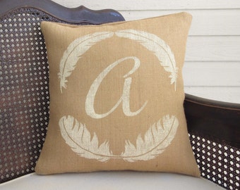 Featherly - Monogram Pillow - Burlap Pillow - Feather Decor - Burlap Monogram Pillow - Personalized - Feather Print Pillow - Feather Pillow