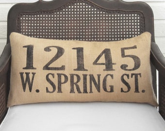 Custom Street Address Pillow  -  Burlap Pillow Lumbar Style - House Address Numbers - Home Address Number Pillow - Home Pillow