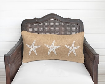Starfish Pillow  - Burlap Pillow - Coastal  Pillow - Lumbar Pillow - Beach Cottage - Nautical Decor - Throw Pillow