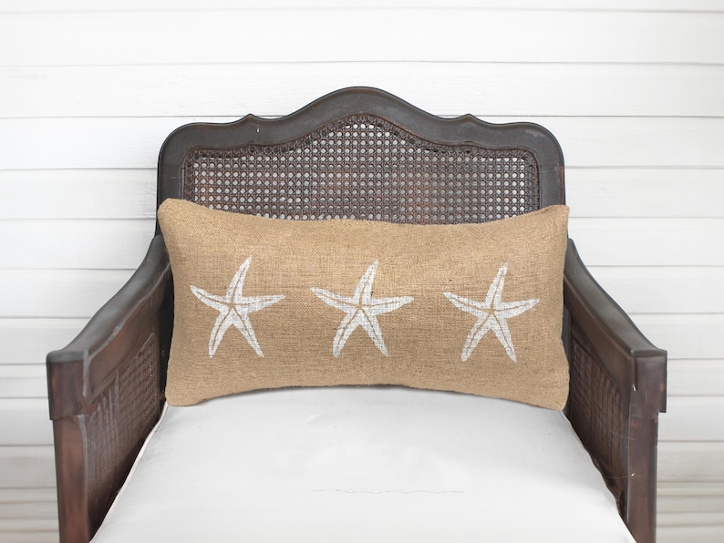 Starfish Pillow - Burlap Pillow - Coastal Pillow - Lumbar Pillow - Beach Cottage - Nautical Decor - Throw Pillow image 1