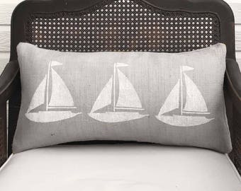 Sailing Away  -  Burlap Pillow  -  Sailboat Lumbar Pillow Nautical Decor