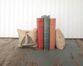 Sail Away - Sailboat- Petit Feed Sack Pillow Pair - Unique paper weight, bookends, pin cushion, etc - Nautical Decor - Sailboat Bookends