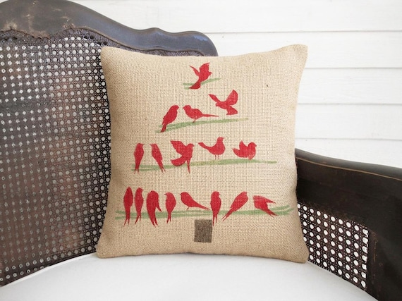 O Christmas Tree -  Burlap Christmas Pillow - Burlap Pillow - Decorative Bird Christmas Tree Pillow