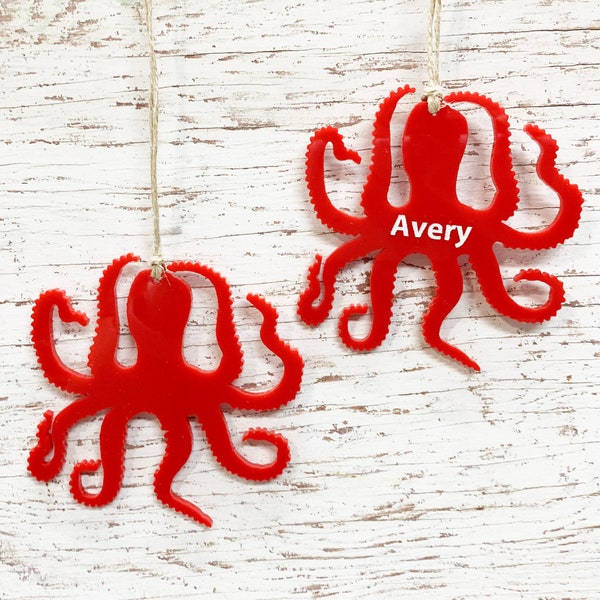 Octopus Christmas Ornament- Personalized Engraving - Laser Cut from Wood or Acrylic - Nautical Christmas Ornaments - Kraken Christmas Tree