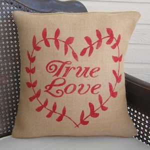 True Love Heart Wreath Burlap Pillow, Valentine Pillow, Valentine Decor Red Heart Heart Pillow Love Pillow Valentines Day image 1