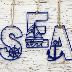 Nautical Initial Ornament - Choose your Letter - Laser Cut from Wood or Acrylic - Anchor, Octopus, Lighthouse, Ships Wheel, Sailboat, Crab