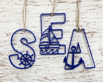 Nautical Initial Ornament - Choose your Letter - Laser Cut from Wood or Acrylic - Anchor, Octopus, Lighthouse, Ships Wheel, Sailboat, Crab