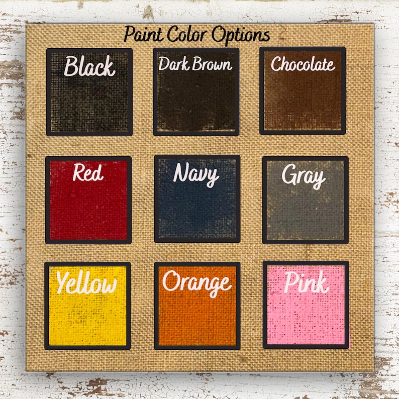 a collection of nine paint color options, each represented by a square with a different color. The options include Black, Dark Brown, Chocolate, Red, Navy, Gray, Yellow, Orange, Pink, and Yellow.