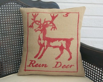 Reindeer Pillow - Burlap Christmas Pillow - Christmas Pillow - Deer Pillow  - Christmas Decor - Holiday Decor