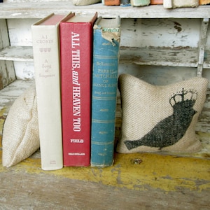 Bird with Crown -  Petit Feed Sack Pillow Pair - Unique paper weight, bookends, pin cushion, etc
