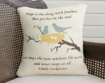 Hope in Color -  Cream Burlap Pillow - Blue Bird in Nest Pillow with Emily Dickinson Quote -Hope is the thing with Feathers - Bird Pillow