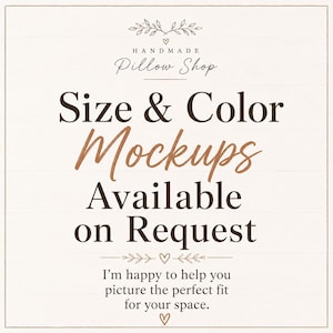 The image is a promotional poster for a handmade pillow shop, featuring text that provides information about the shop's offerings, such as size and color mockups available on request.