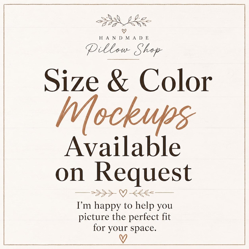 The image is a promotional poster for a handmade pillow shop, featuring text that provides information about the shop's offerings, such as size and color mockups available on request.